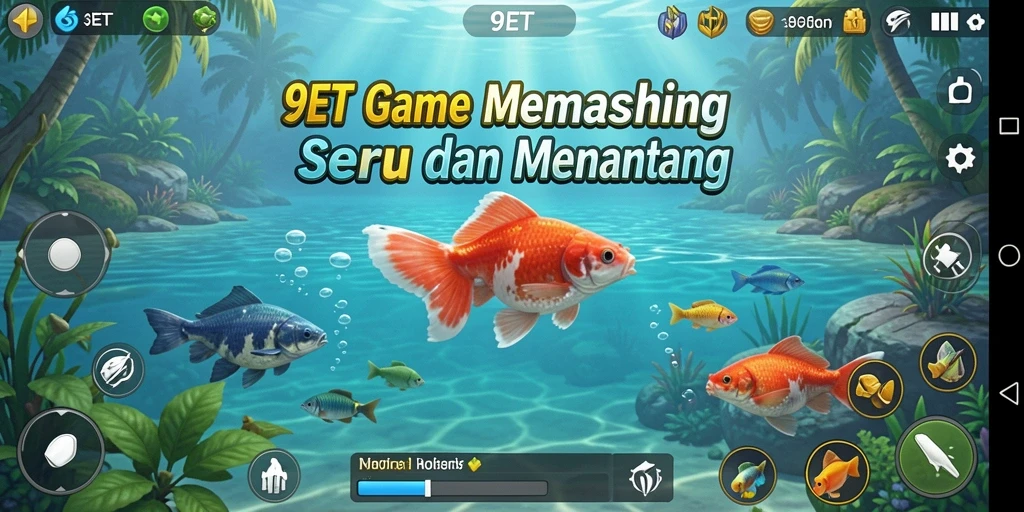 Tampilan gameplay 9ET yang seru dengan berbagai ikan dan lokasi memancing.