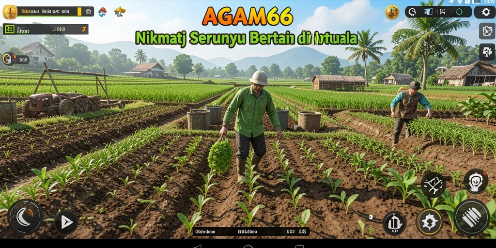 Tangkapan layar utama AGAM66 menampilkan ladang yang subur dan beragam hewan.