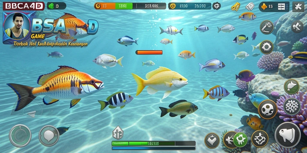 Tampilan gameplay BBCA4D saat menembak ikan yang berwarna-warni.
