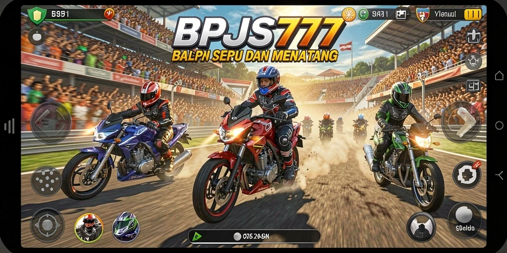Screenshot gameplay dari BPJS777 yang menampilkan aksi balapan motor yang seru.