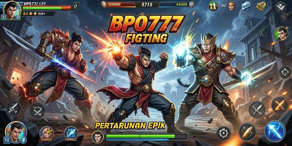 Screenshot BPO777 menunjukkan pertarungan intens dengan karakter unik dan efek visual menakjubkan.