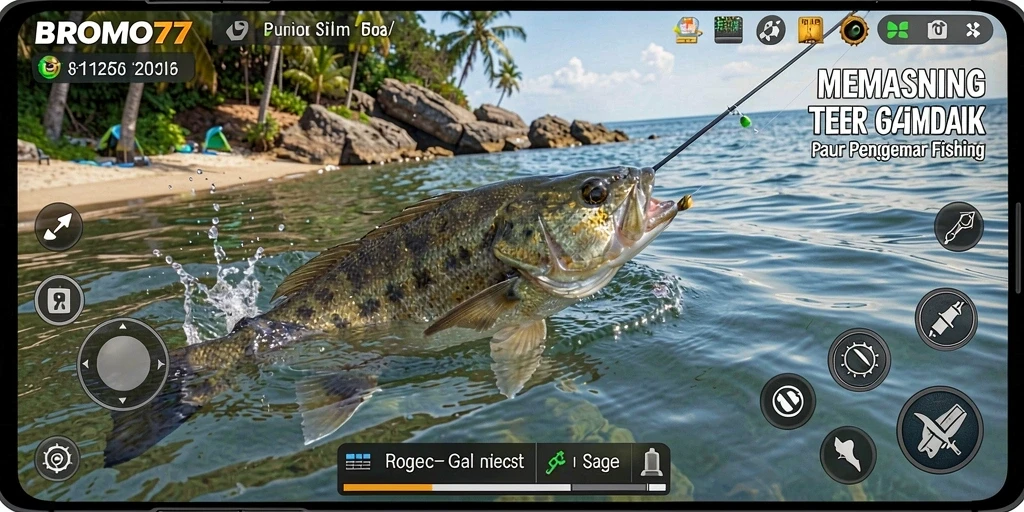 Screenshot gameplay BROMO77 menunjukkan momen menangkap ikan yang mendebarkan.