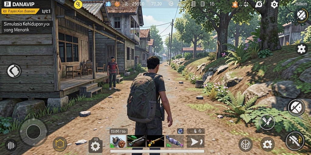 Tangkapan layar utama dari gameplay <strong>DANAVIP</strong> yang menampilkan aksi simulasi kehidupan.