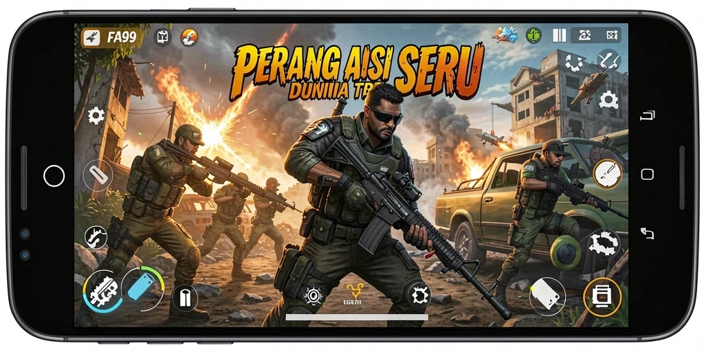 Screenshot gameplay seru dari FA99 yang menunjukkan pertempuran mendebarkan.