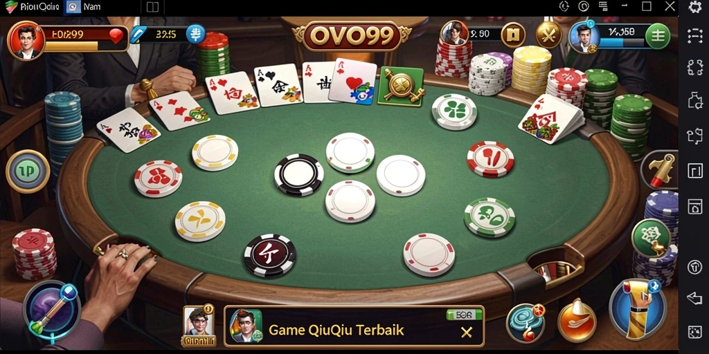 Screenshot OVO99 menampilkan aksi seru dalam permainan QiuQiu.