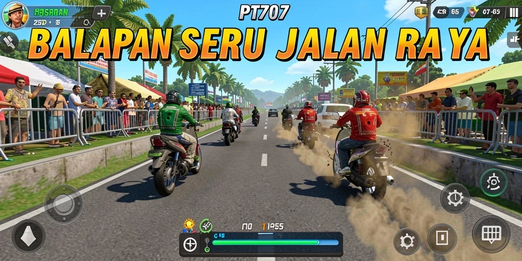 Tampilan gameplay mengesankan dengan mobil yang melaju cepat di lintasan.