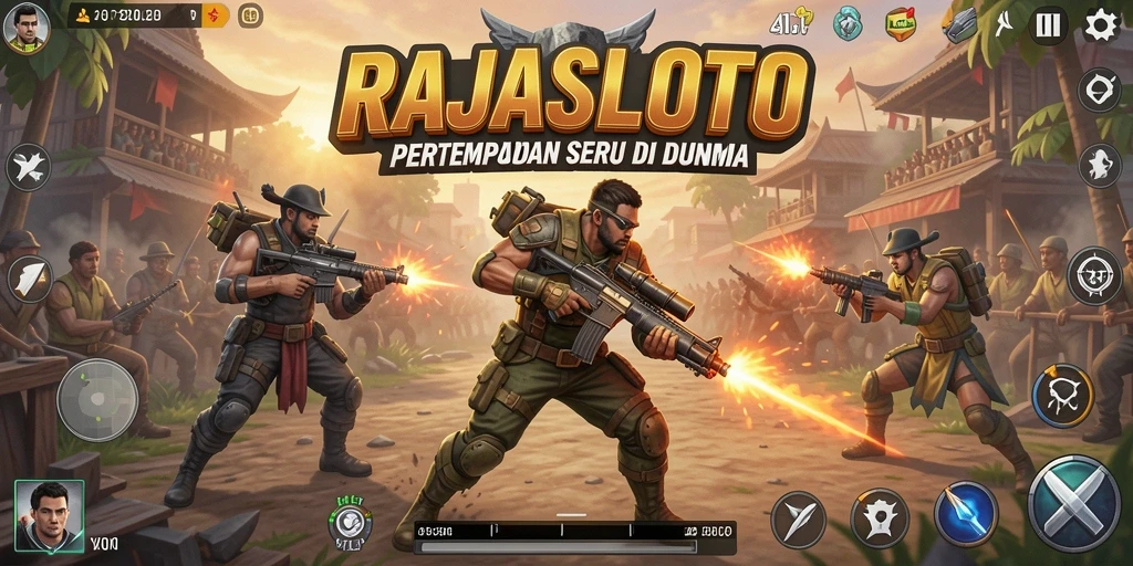 Screenshot RAJASLOTO menampilkan aksi pertempuran yang intens di medan perang.