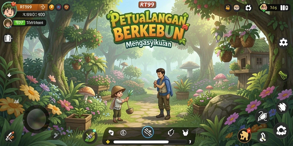 Screenshot gameplay RT99 menunjukkan dunia berkebun yang indah dan interaktif.