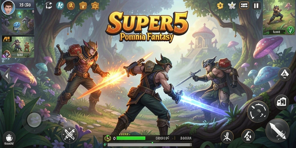 Tampilan gameplay epik di dunia fantasi SUPER5.
