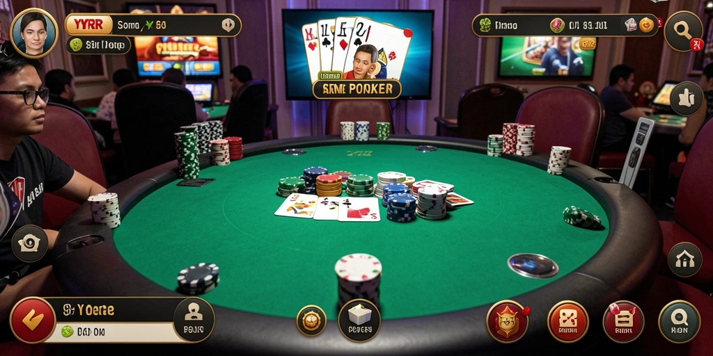 Tampilan gameplay utama YYRR dengan karakter dan meja poker.