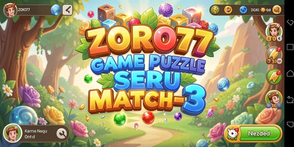Screenshot ZORO77 menampilkan gameplay seru di level Match-3.